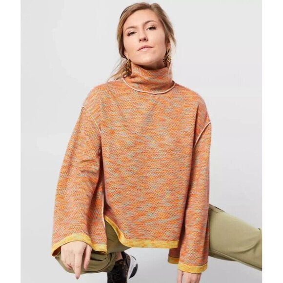 We the Free People Sunny Days Orange Multi Turtleneck Top Size Small - Picture 1 of 12